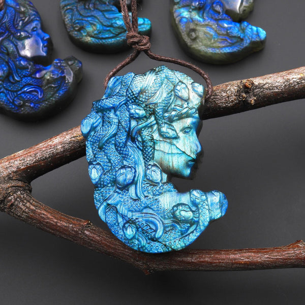 AAA Hand Carved Natural Blue Labradorite Medusa Snake Goddess Pendant Gemstone Focal Bead A6
