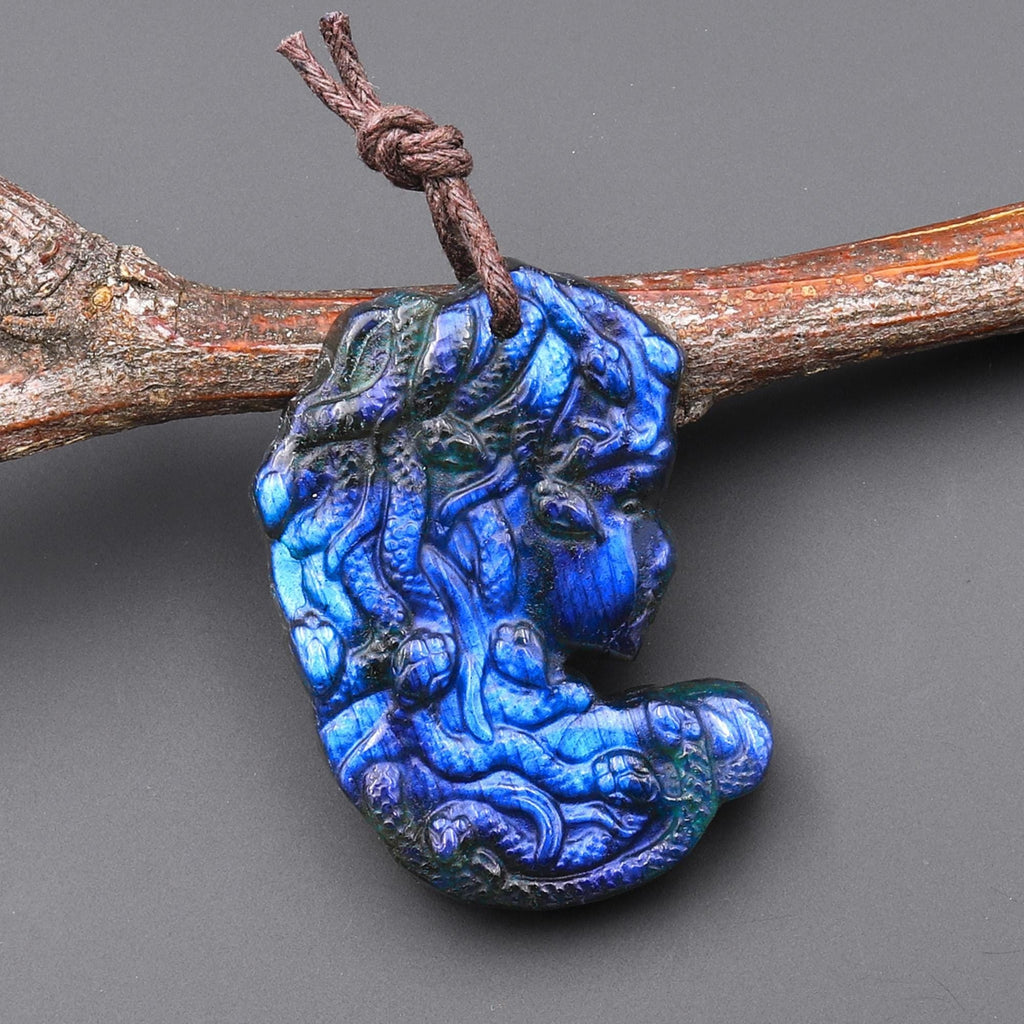 AAA Hand Carved Natural Golden Labradorite Medusa Snake Goddess Pendant Gemstone Focal Bead A9