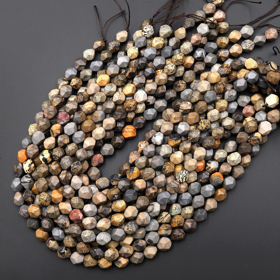 Star Cut Natural Wildhorse Picture Jasper Aka Artistic Jasper Faceted 10mm Rounded Nugget Beads 14" Strand