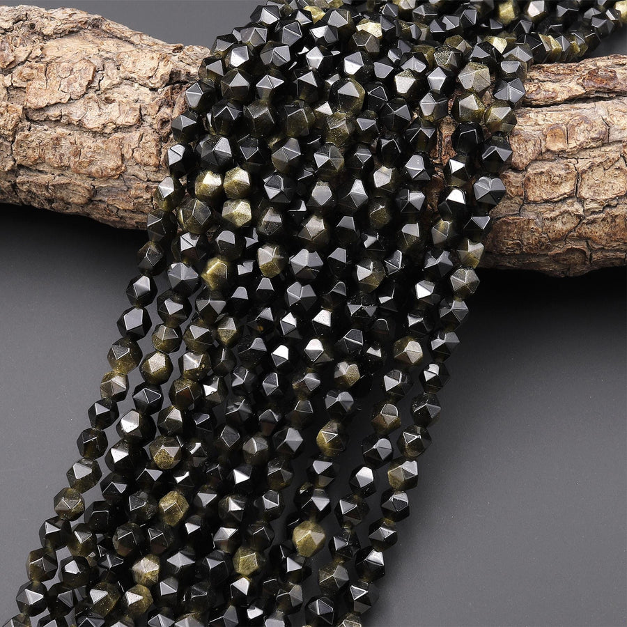 Faceted Natural Golden Obsidian 6mm Rounded Star Cut Nugget Beads 14.5" Strand