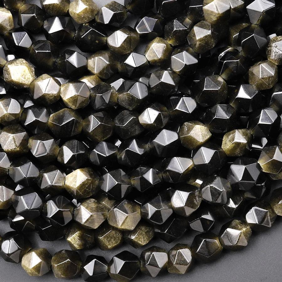 Faceted Natural Golden Obsidian 6mm Rounded Star Cut Nugget Beads 14.5" Strand