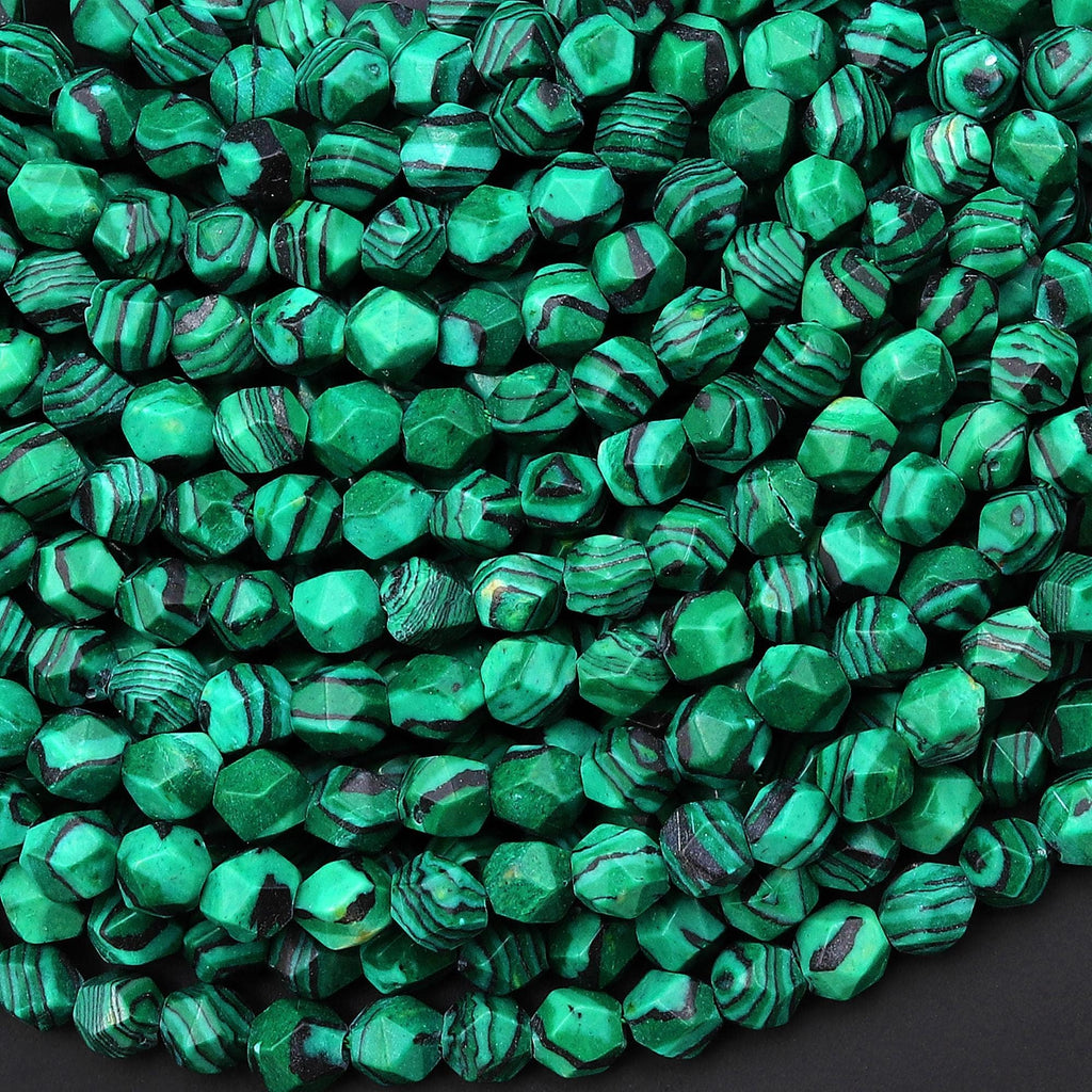 Star Cut Malachite Jasper Beads Faceted 6mm 8mm 10mm Rounded Nugget Sharp Facets 14" Strand