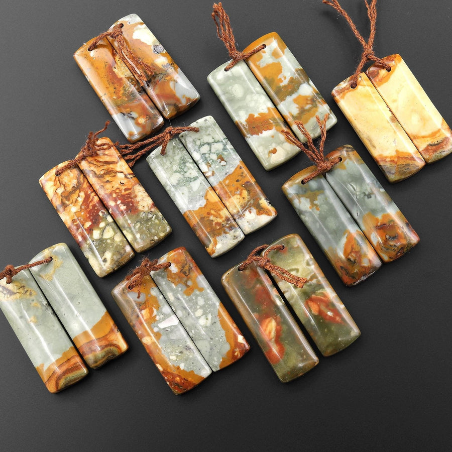 From Oregon Natural Owyhee Picture Jasper Short Rectangle Earrings Drilled Matched Gemstone Beads Pair