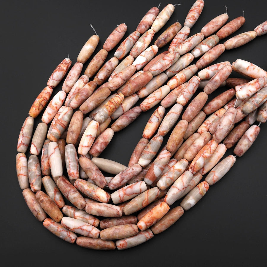 Natural Red Line Marble Jasper Aka Red Crazy Lace Long barrel Drum Tube Beads 15.5" Strand