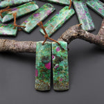 Natural Red Ruby Green Fuchsite 40x12mm Rectangle Earring Pair Matched Gemstone Beads