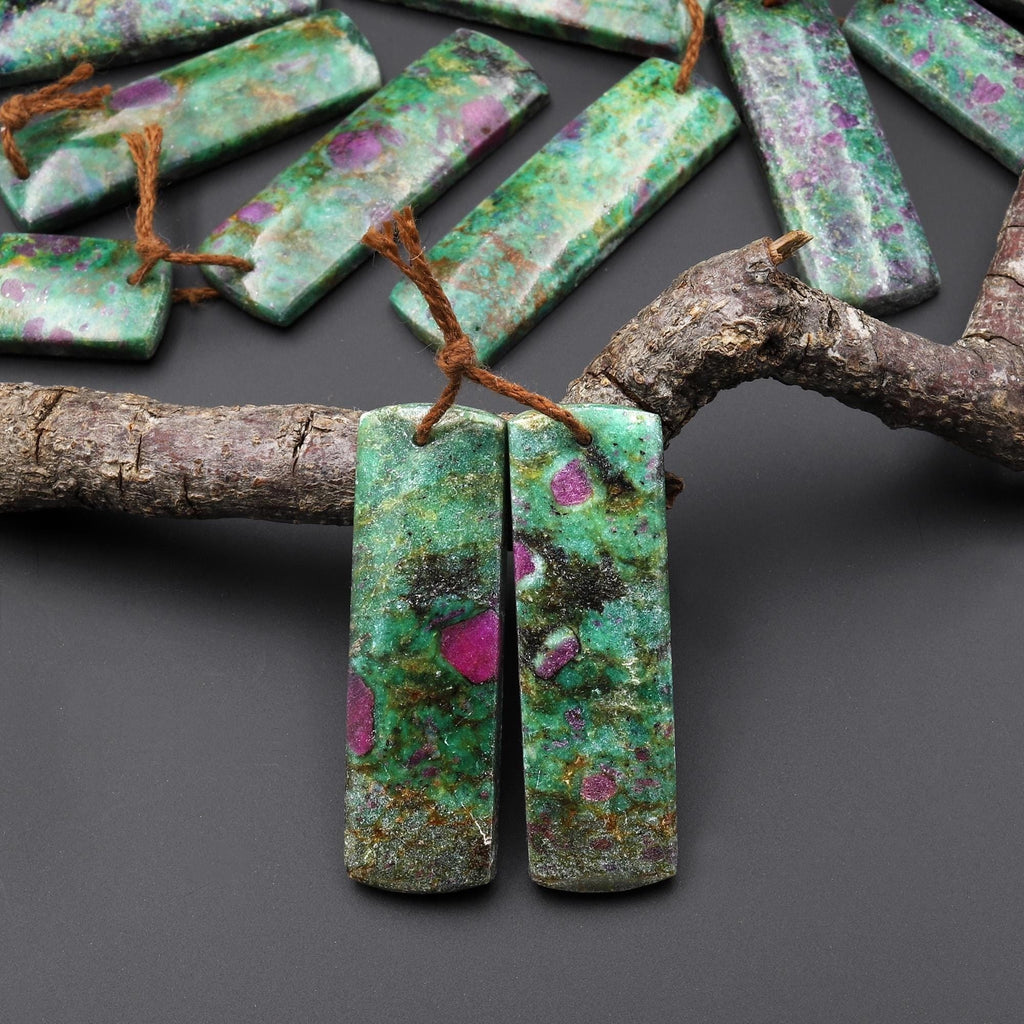 Natural Red Ruby Green Fuchsite 40x12mm Rectangle Earring Pair Matched Gemstone Beads A5