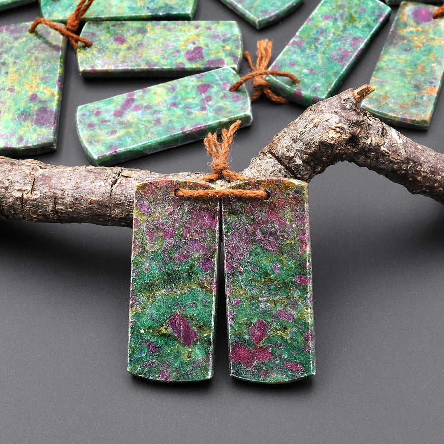 Natural Red Ruby Green Fuchsite Flat Rectangle Earring Pair Matched Gemstone Beads