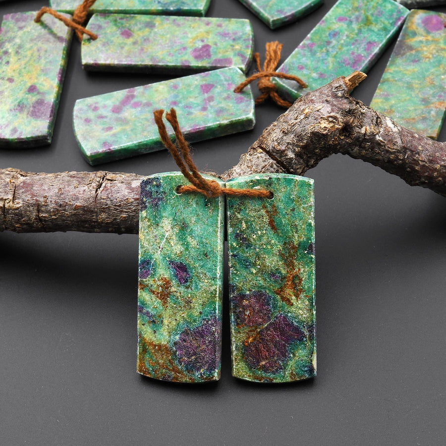 Natural Red Ruby Green Fuchsite Flat Rectangle Earring Pair Matched Gemstone Beads