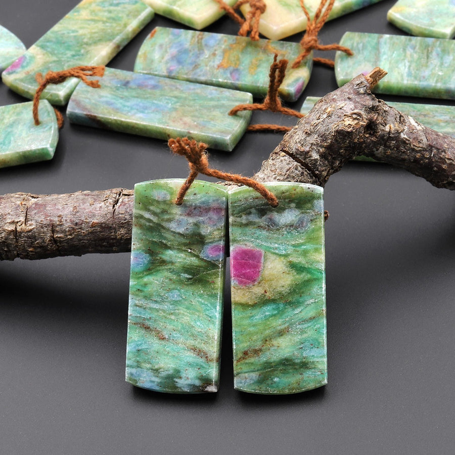 Natural Seafoam Green Fuchsite Flat Rectangle Earring Pair Matched Gemstone Beads