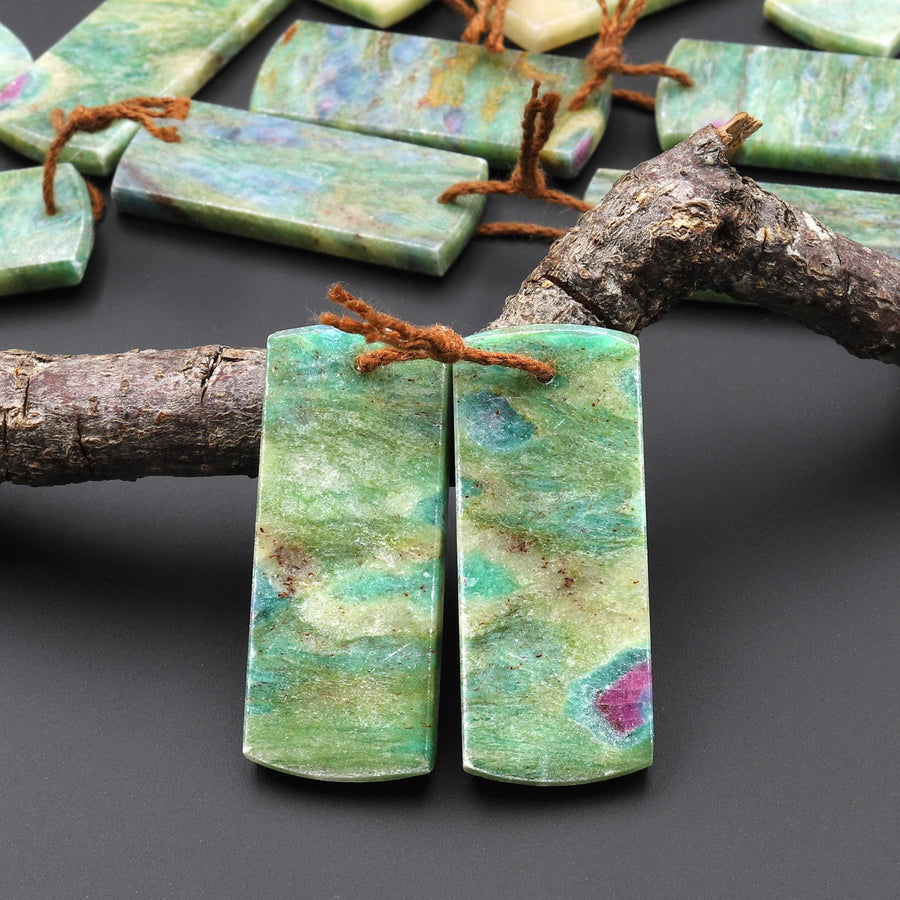 Natural Seafoam Green Fuchsite Flat Rectangle Earring Pair Matched Gemstone Beads