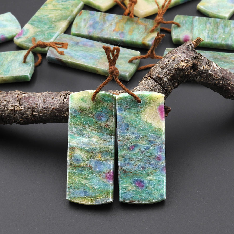 Natural Seafoam Green Fuchsite Flat Rectangle Earring Pair Matched Gemstone Beads