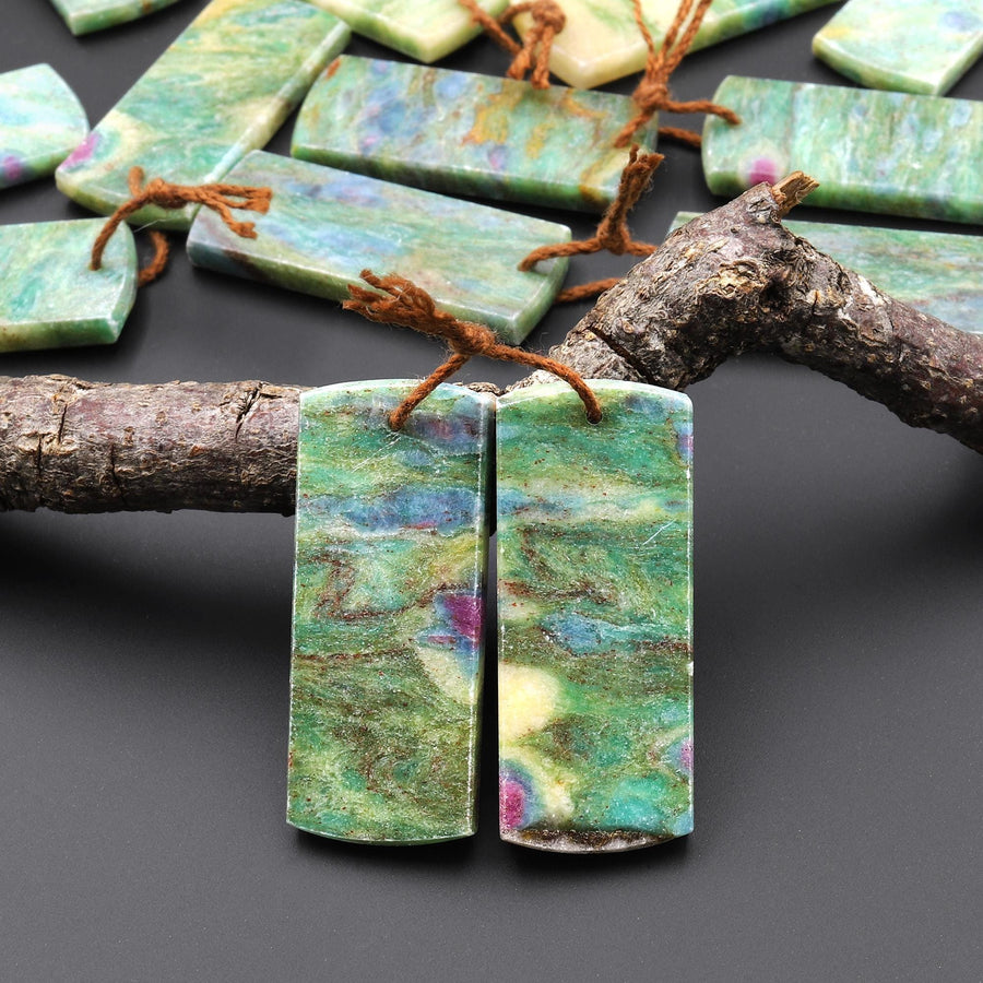 Natural Seafoam Green Fuchsite Flat Rectangle Earring Pair Matched Gemstone Beads