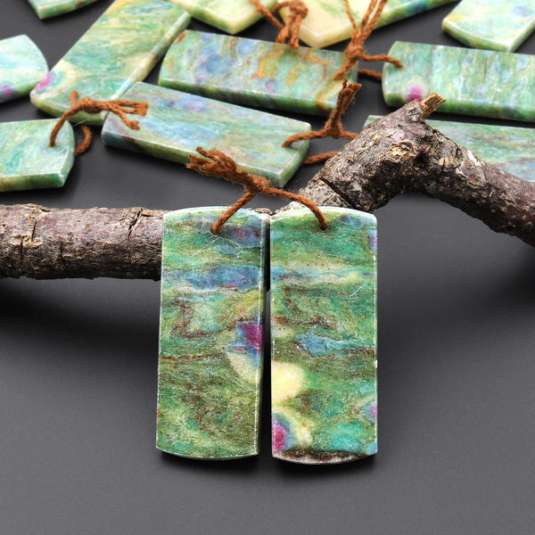 Natural Seafoam Green Fuchsite Flat Rectangle Earring Pair Matched Gemstone Beads