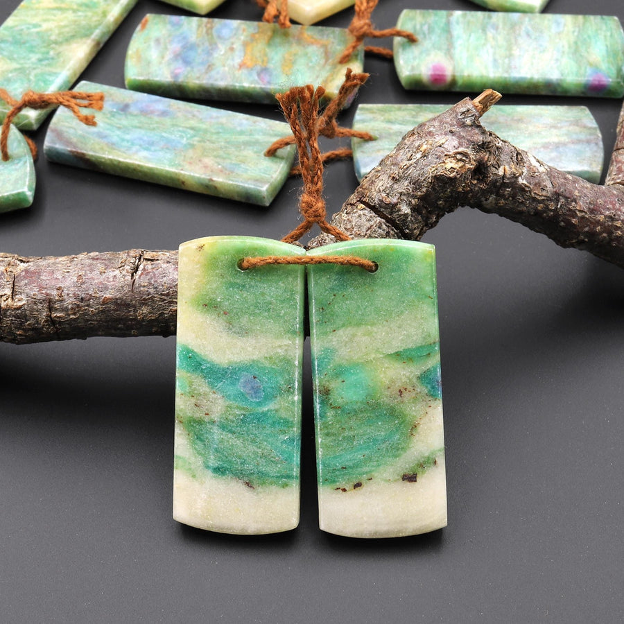 Natural Seafoam Green Fuchsite Flat Rectangle Earring Pair Matched Gemstone Beads