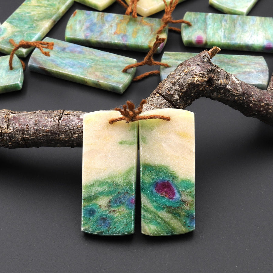 Natural Seafoam Green Fuchsite Flat Rectangle Earring Pair Matched Gemstone Beads