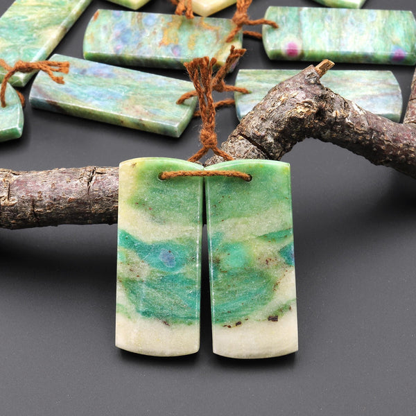 Natural Seafoam Green Fuchsite Flat Rectangle Earring Pair Matched Gemstone Beads A8