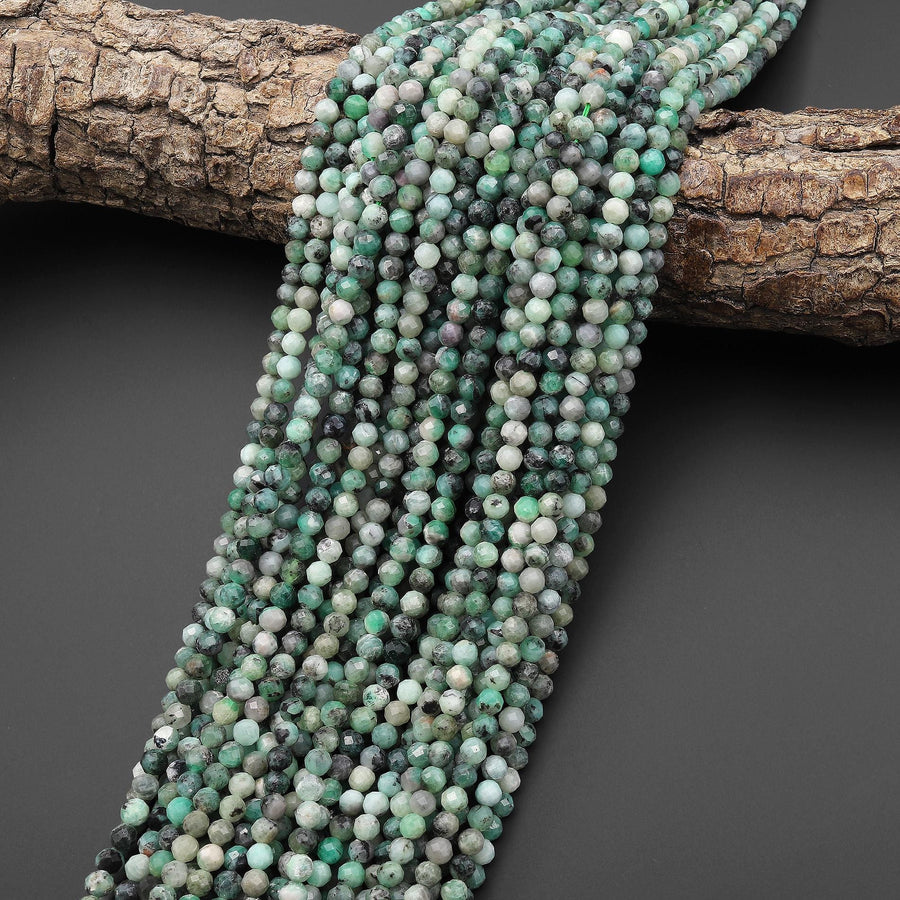 Real Genuine Natural Green Emerald Faceted 4mm Round Beads 15.5" Strand