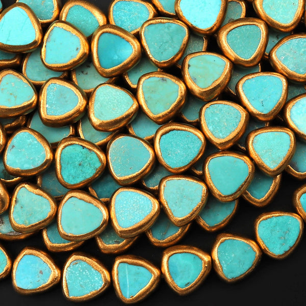 Real Natural Blue Turquoise Gold Copper Edging Triangle 10mm Beads Choose from 5pcs, 10pcs, 15.5" Strand