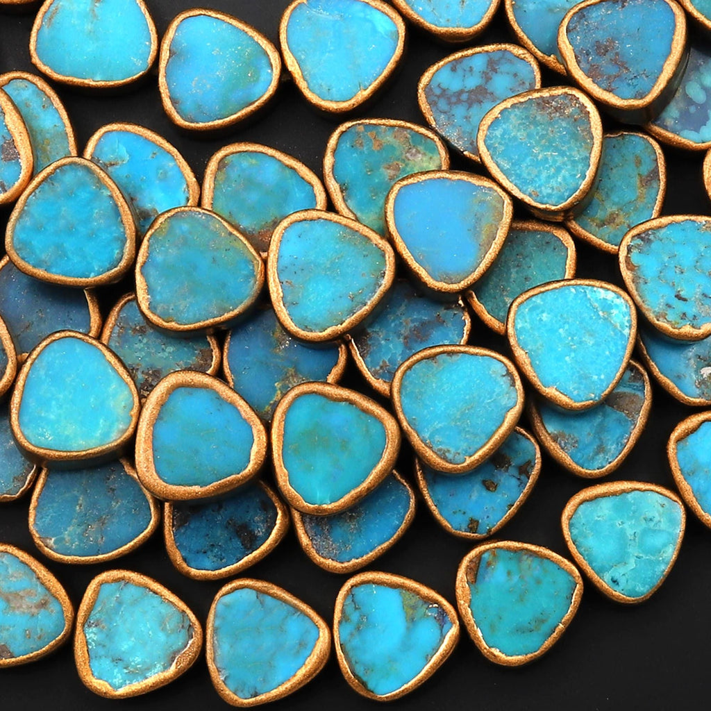 Genuine Natural Blue Arizona Turquoise Gold Copper Edging Triangle 10mm Beads Choose from 5pcs, 10pcs 15.5" Strand