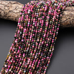 AAA Translucent Natural Pink Green Tourmaline Micro Faceted 2mm 3mm 4mm Round Gemstone Beads 15.5" Strand