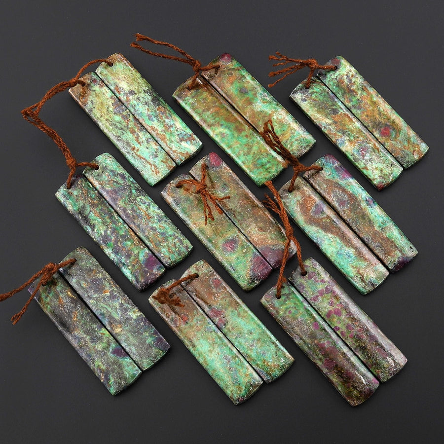 Natural Rusty Brown Ruby Green Fuchsite Rectangle Earring Pair Matched Gemstone Beads