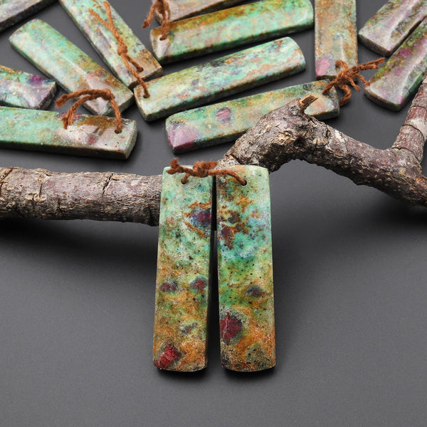 Natural Rusty Brown Ruby Green Fuchsite Rectangle Earring Pair Matched Gemstone Beads