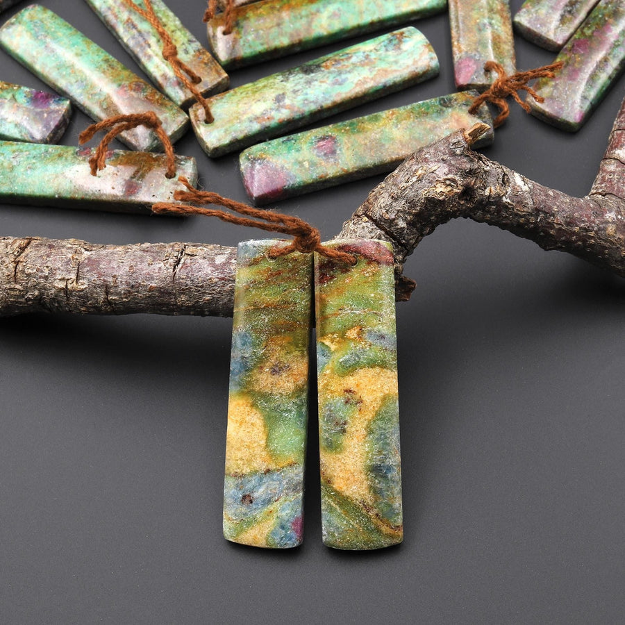 Natural Rusty Brown Ruby Green Fuchsite Rectangle Earring Pair Matched Gemstone Beads