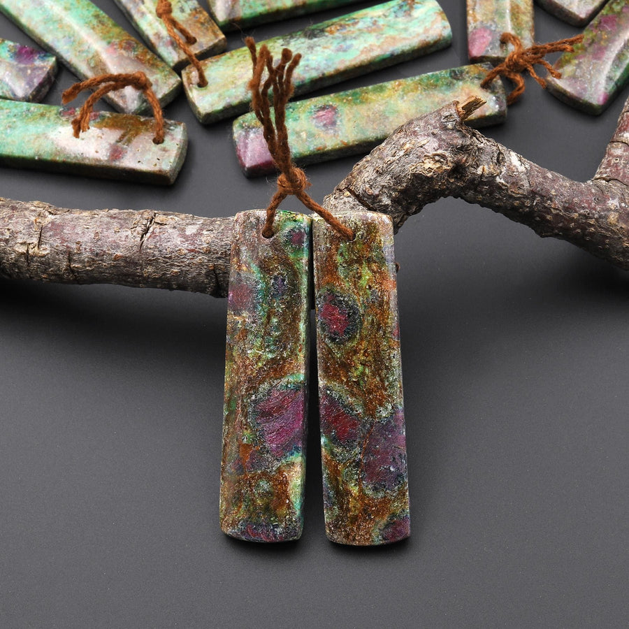 Natural Rusty Brown Ruby Green Fuchsite Rectangle Earring Pair Matched Gemstone Beads