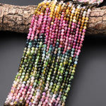 Natural Tourmaline Faceted 4mm Round Beads Pink Green Blue Cognac Ombre Gemstone 15.5" Strand