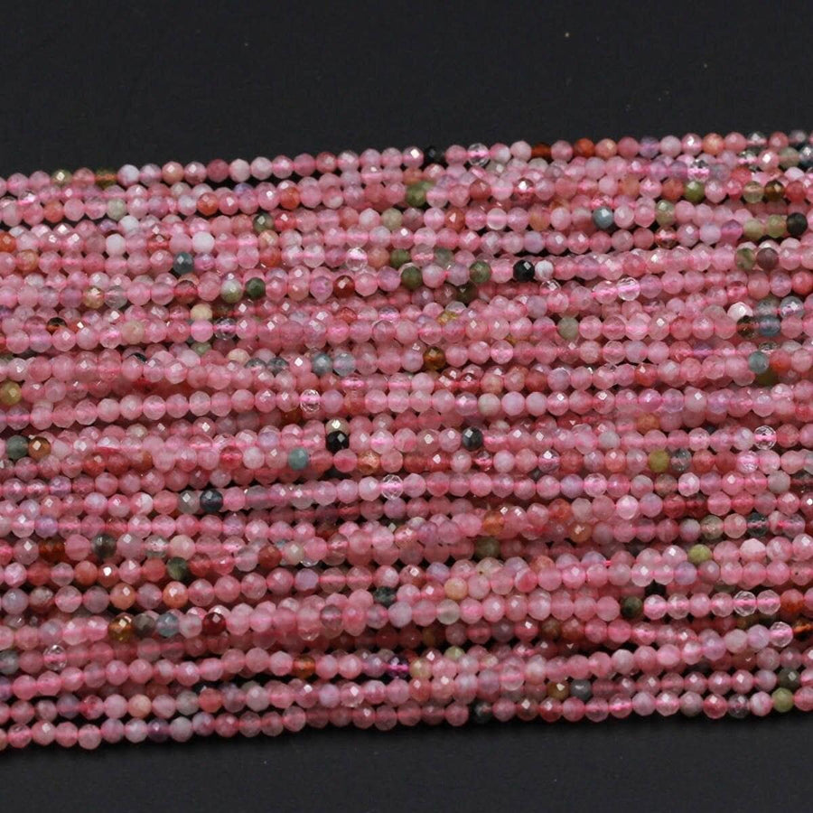 Faceted Natural Pink Tourmaline Round Beads 2mm 3mm 4mm Diamond Cut Gemstone 15.5" Strand