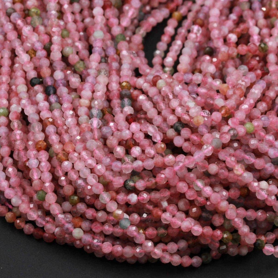 Faceted Natural Pink Tourmaline Round Beads 2mm 3mm 4mm Diamond Cut Gemstone 15.5" Strand