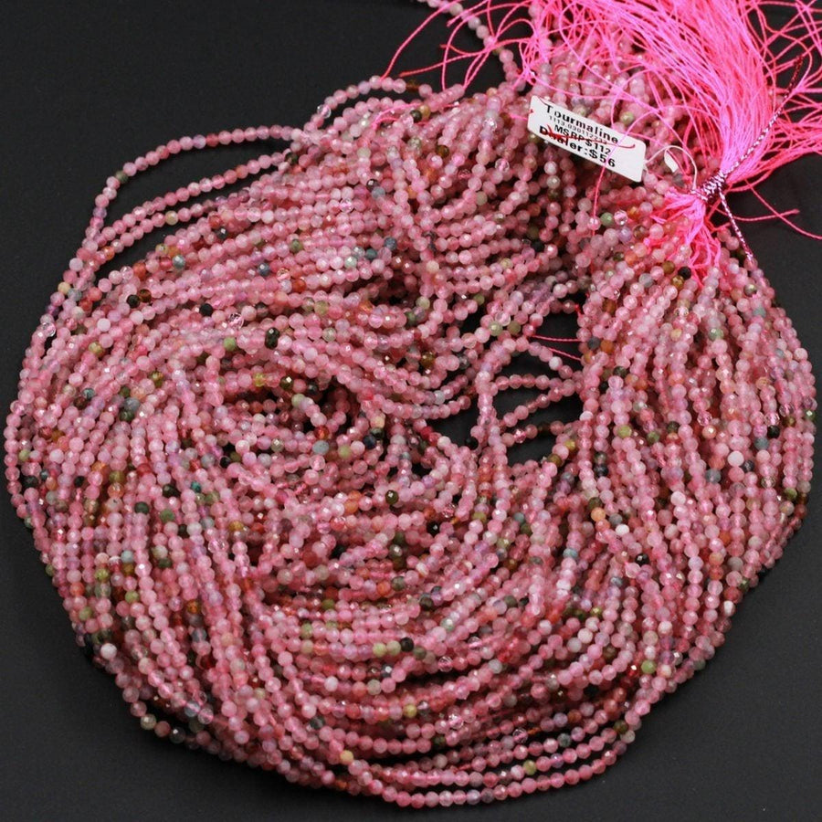 Faceted Natural Pink Tourmaline Round Beads 2mm 3mm 4mm Diamond Cut Gemstone 15.5" Strand