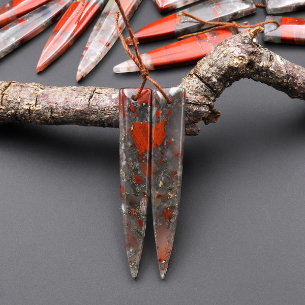 Natural African Bloodstone Matched Long Dagger Triangle Spike Earring Beads Drilled Gemstone Pair A44