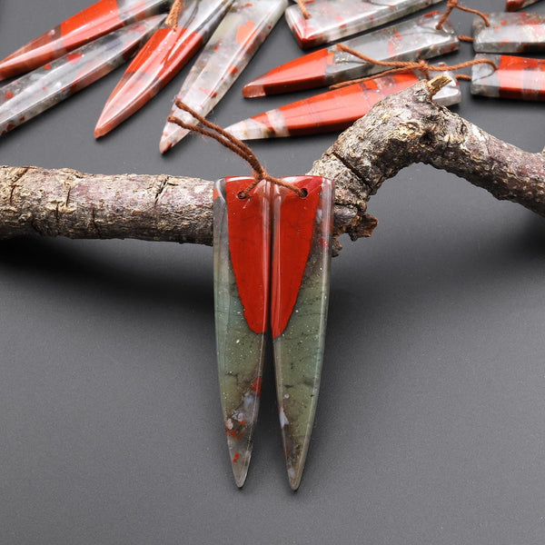 Natural African Bloodstone Matched Long Dagger Triangle Spike Earring Beads Drilled Gemstone Pair A100