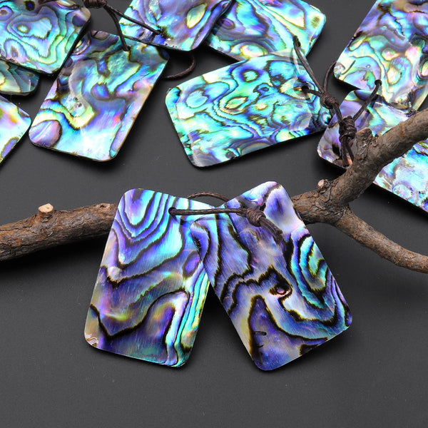AAA Natural Rainbow Abalone Rectangle Earring Pair Drilled Matched Gemstone Bead Pair A3