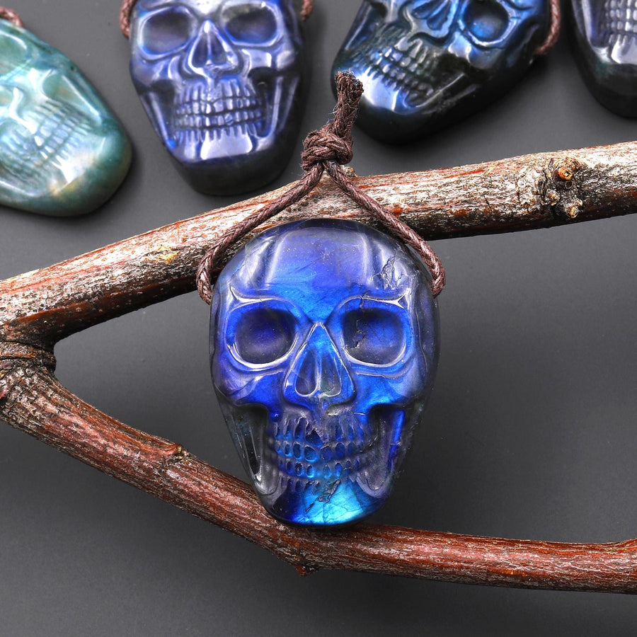 Hand Carved Natural Labradorite Skull Drilled Gemstone Focal Bead