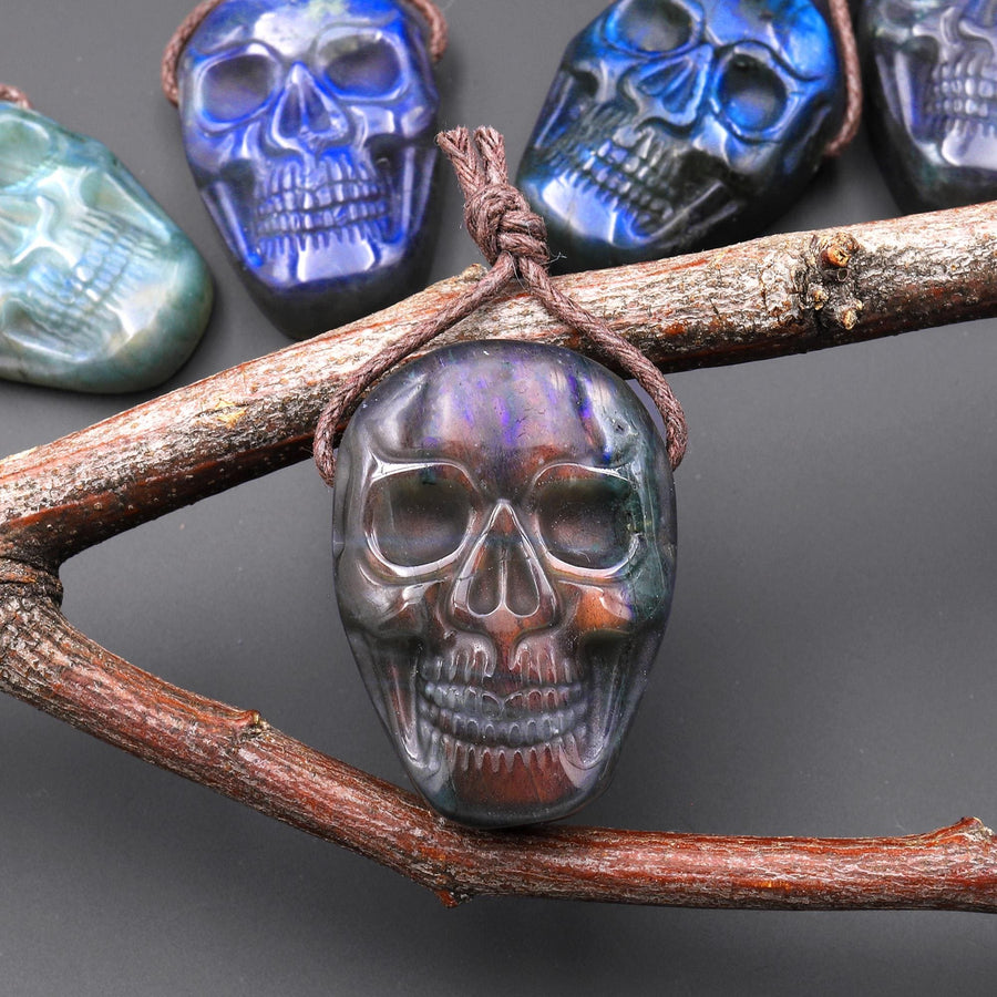 Hand Carved Natural Labradorite Skull Drilled Gemstone Focal Bead