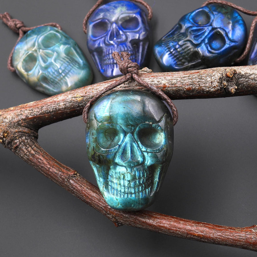 Hand Carved Natural Labradorite Skull Drilled Gemstone Focal Bead