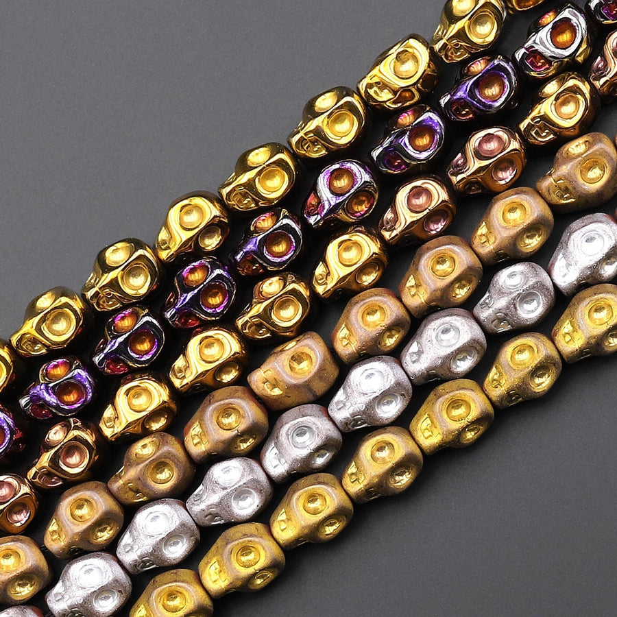 Titanium Hematite Carved Skull Beads 10mm Choose from Both Shiny and Matte Colors Gold Silver Rainbow Copper Purple Colors 15.5" Strand