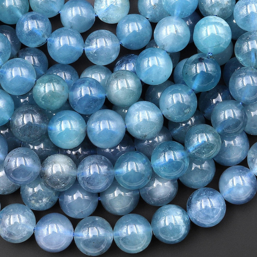 Gemmy Translucent Natural Blue Santa Maria Aquamarine 10mm 12mm Smooth Round Beads Gemstone 15.5" Strand