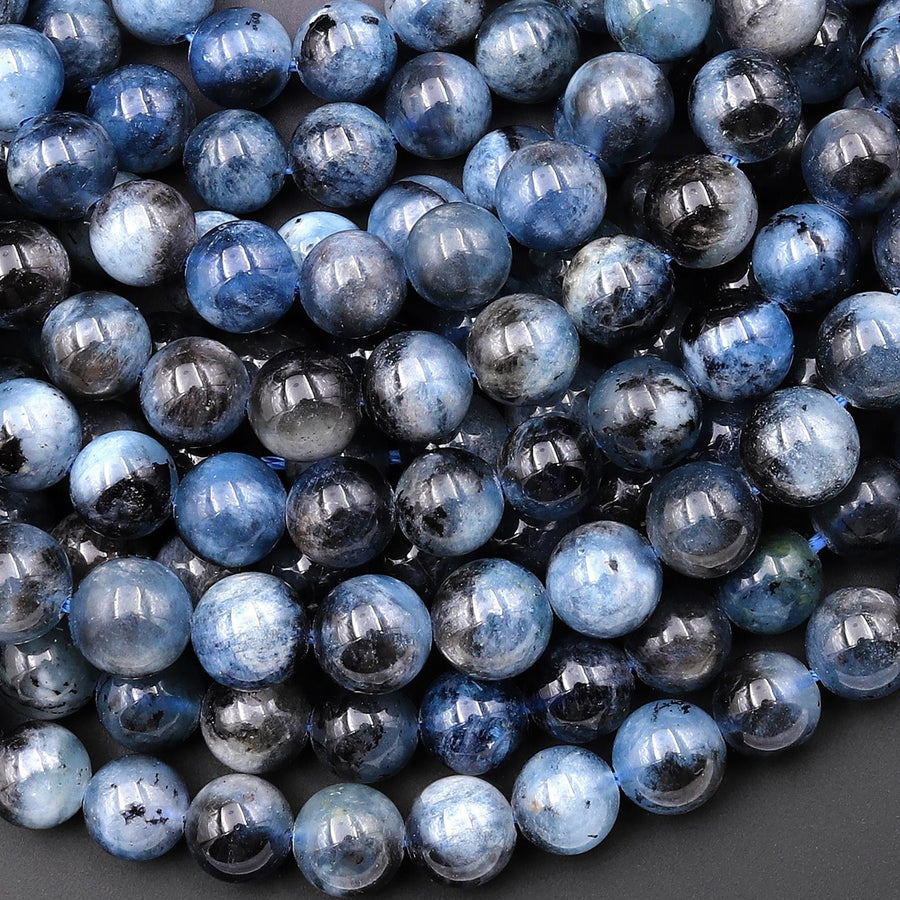 Natural Blue Santa Maria Aquamarine w/ Black Iron 8mm Smooth Round Beads Gemstone 15.5" Strand