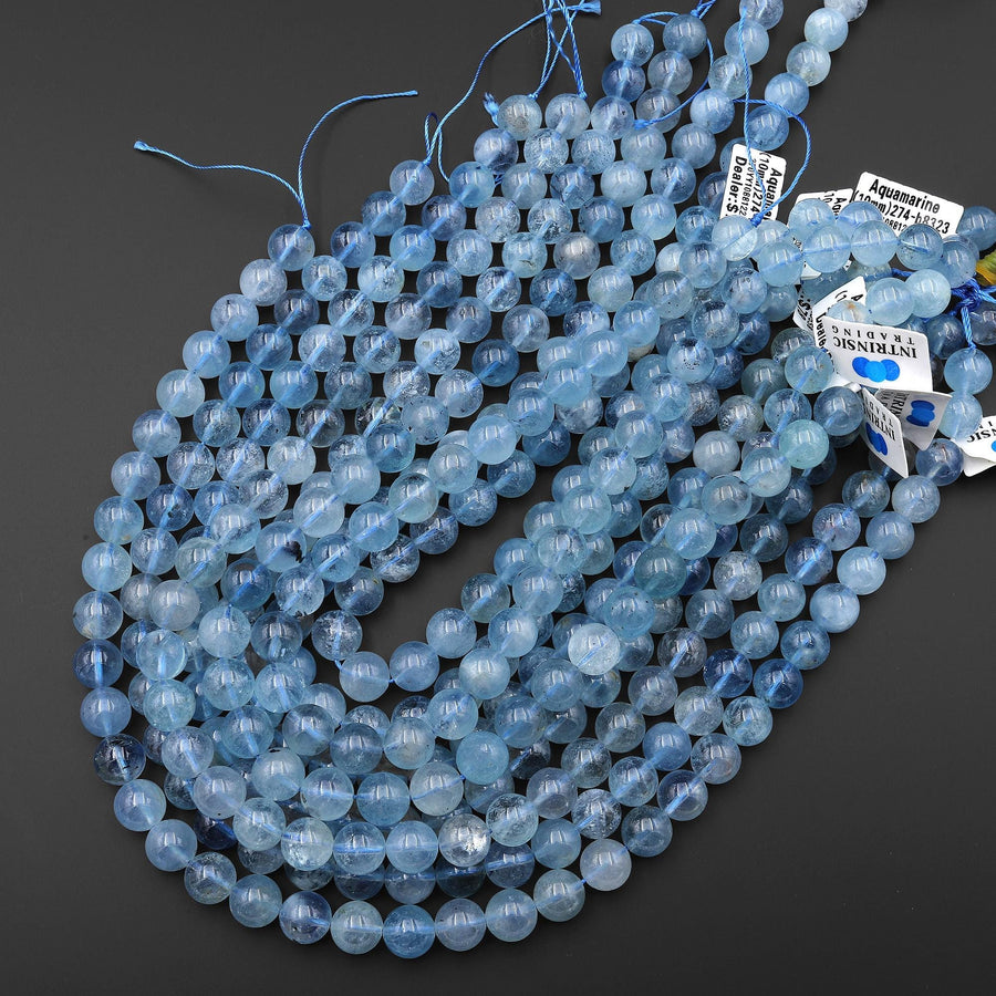 Gemmy Translucent Natural Light Blue Santa Maria Aquamarine 6mm 10mm Smooth Round Beads Gemstone 15.5" Strand