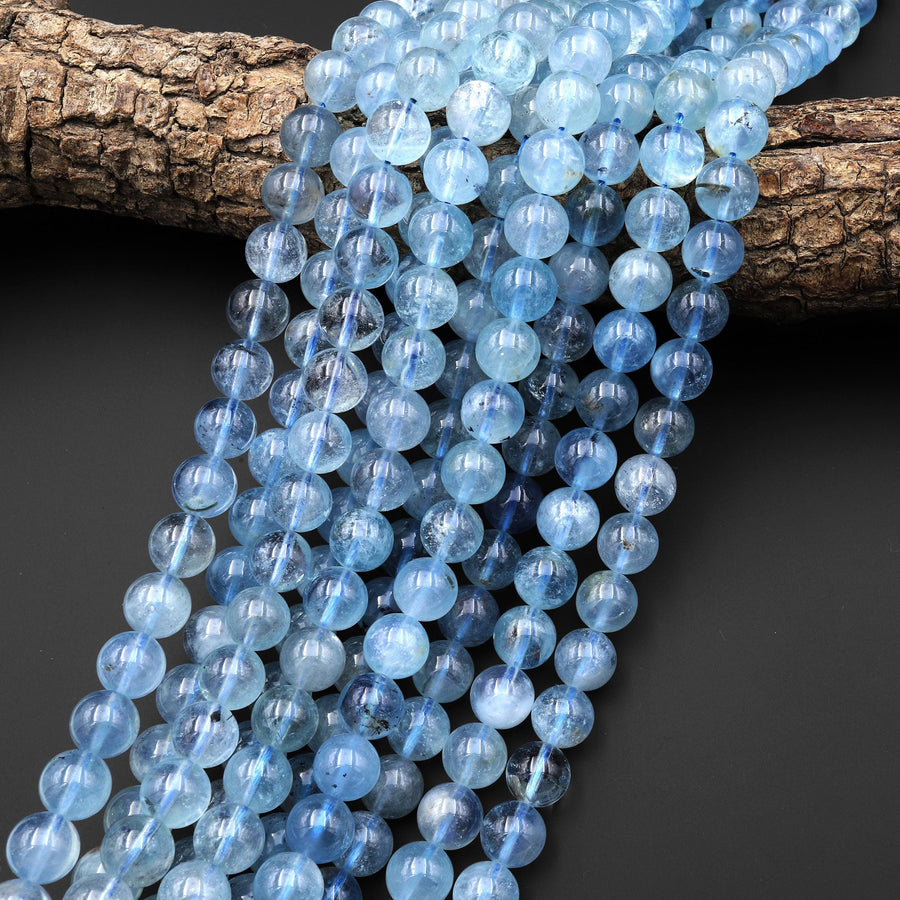 Gemmy Translucent Natural Light Blue Santa Maria Aquamarine 6mm 10mm Smooth Round Beads Gemstone 15.5" Strand