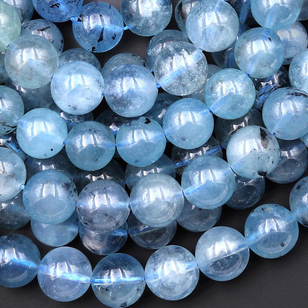 Gemmy Translucent Natural Light Blue Santa Maria Aquamarine 6mm 10mm Smooth Round Beads Gemstone 15.5" Strand