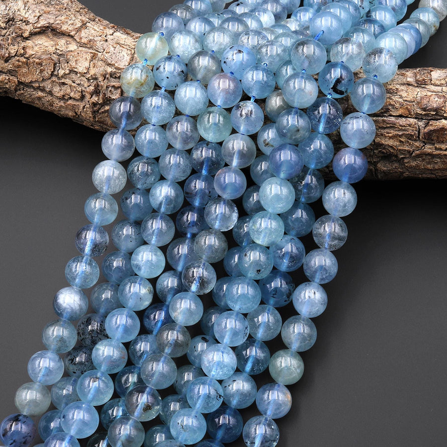 Gemmy Translucent Natural Light Blue Santa Maria Aquamarine 6mm 10mm Smooth Round Beads Gemstone 15.5" Strand