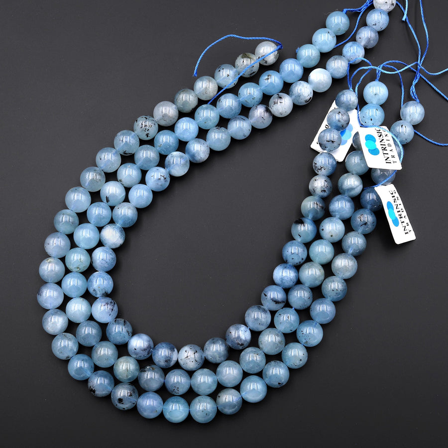 Natural Blue Santa Maria Aquamarine 8mm 10mm Smooth Round Beads Gemstone 15.5" Strand