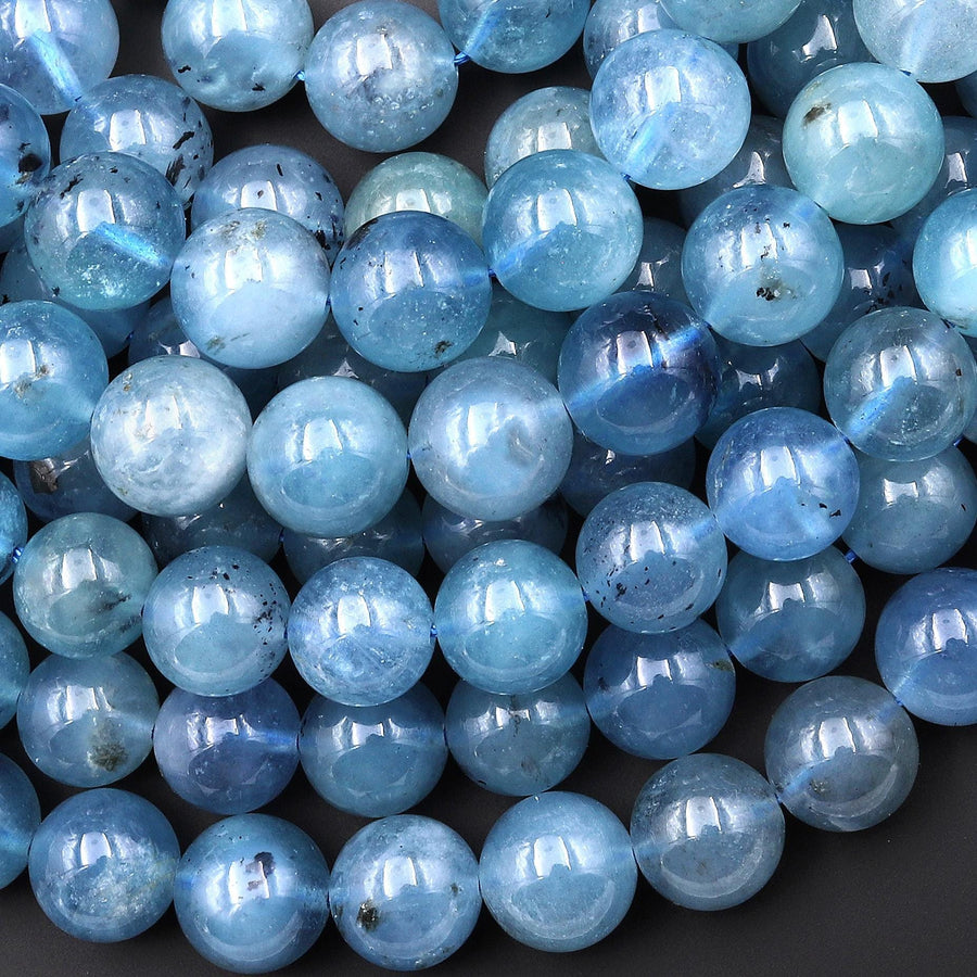 Gemmy Natural Blue Santa Maria Aquamarine 10mm Smooth Round Beads Gemstone 15.5" Strand