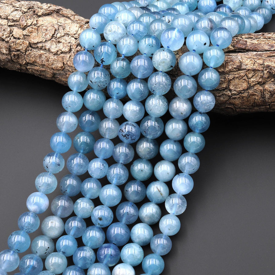 Gemmy Natural Blue Santa Maria Aquamarine 10mm Smooth Round Beads Gemstone 15.5" Strand