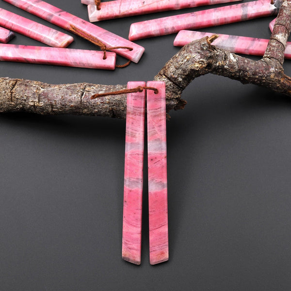 AAA Natural Pink Rhodonite In Quartz Earring Pair Long Dagger Triangle Drilled Matched Gemstone Beads A1