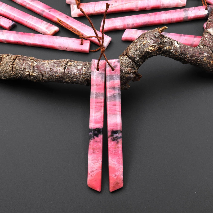 AAA Natural Pink Rhodonite In Quartz Earring Pair Long Dagger Triangle Drilled Matched Gemstone Beads